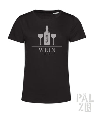 Schwarzes T-Shirt mit weißem Design von Weinflasche und Glas, Text ’wein liebe’.