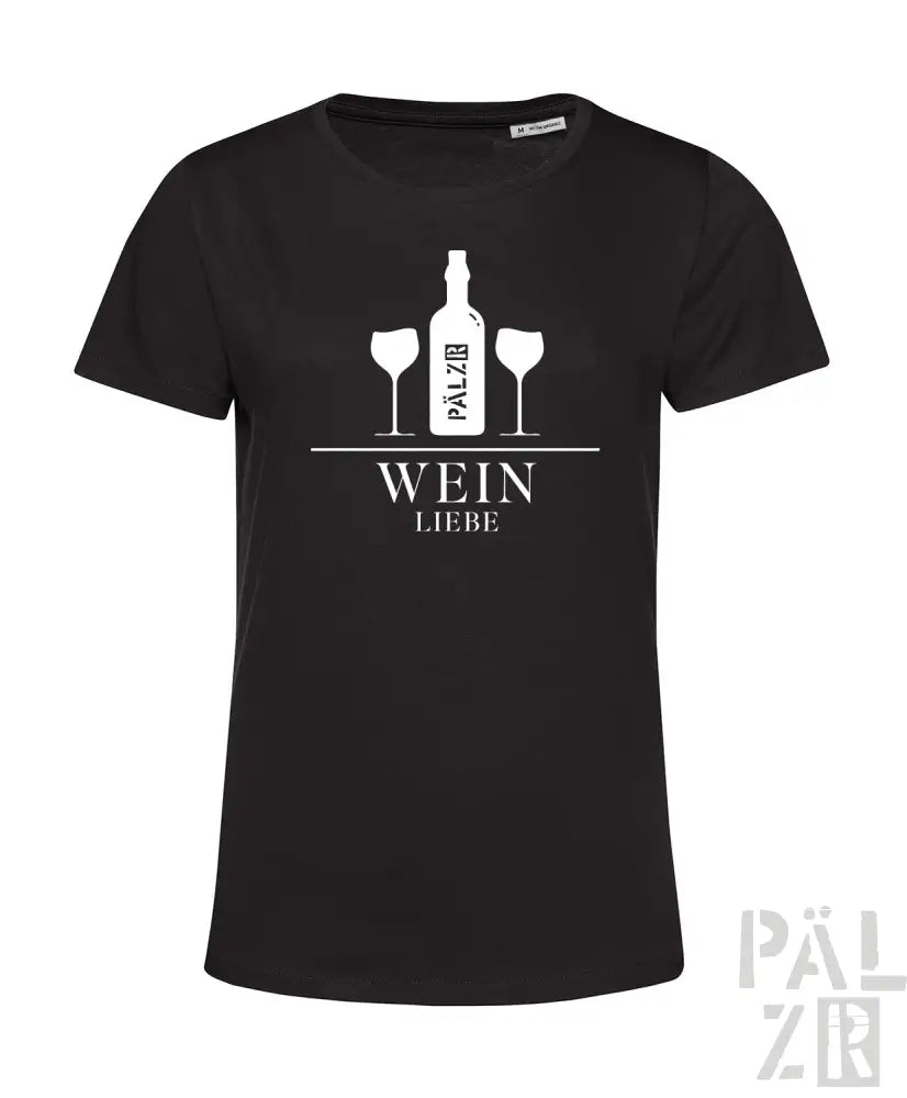 Schwarzes T-Shirt mit weißem Weinflaschen- und Glas-Design, Text ’wein liebe’.