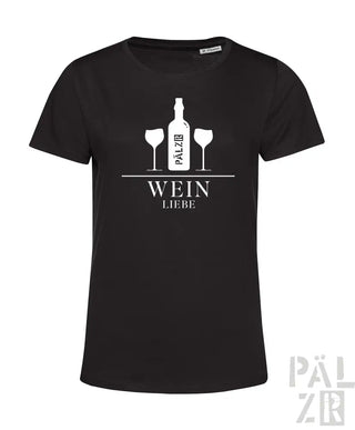 Schwarzes T-Shirt mit weißem Weinflaschen- und Glas-Design, Text ’wein liebe’.