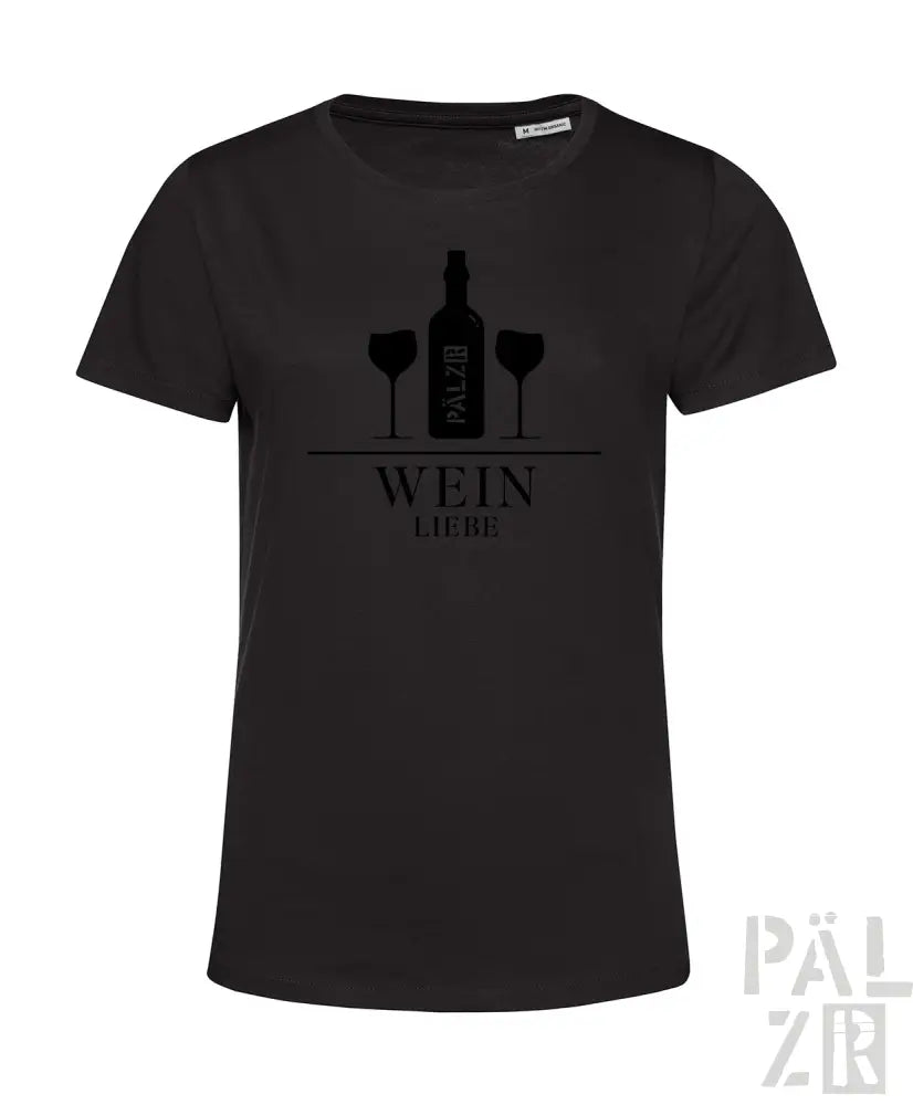 Schwarzes T-Shirt mit Weinflasche- und Glas-Design, ’wein’-Text in Weiß.