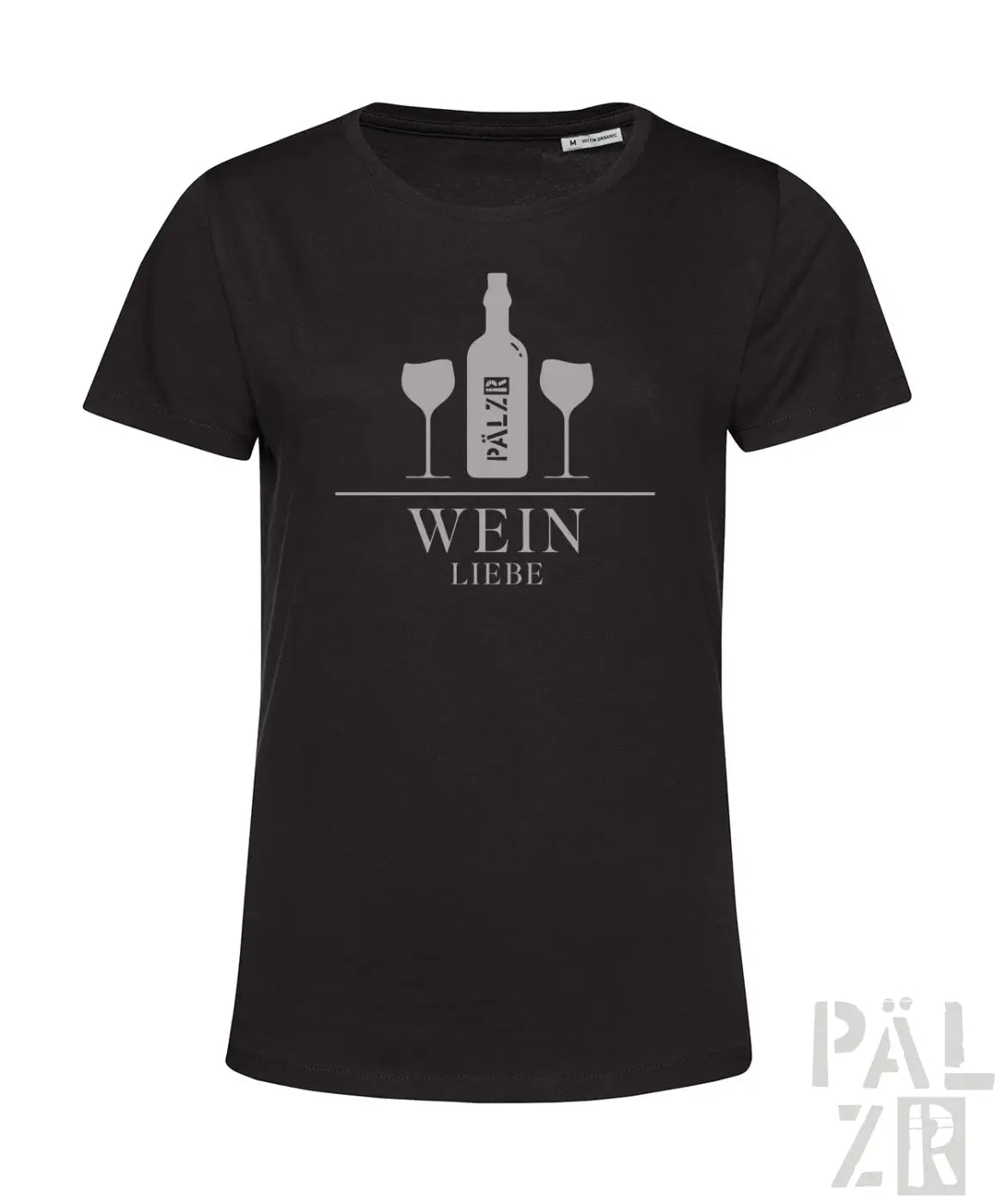 Frauen t-shirt in schwarz mit silbernem weinflaschengrafik und zwei gläsern mit text wein liebe in verschiedenen farben