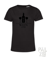 Frauen t shirt aus baumwolle in schwarz mit schwarzem weinflaschensilhouette und zwei gläsern mit text wein liebe
