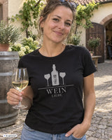Schwarzes frauen t-shirt aus baumwolle mit weißem weinflasche und gläser design sowie schriftzug wein liebe pälzib
