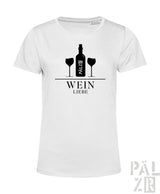 Weiße baumwollfrauen t-shirt mit schwarzem weinflaschendesign und zwei gläsern mit dem text wein liebe