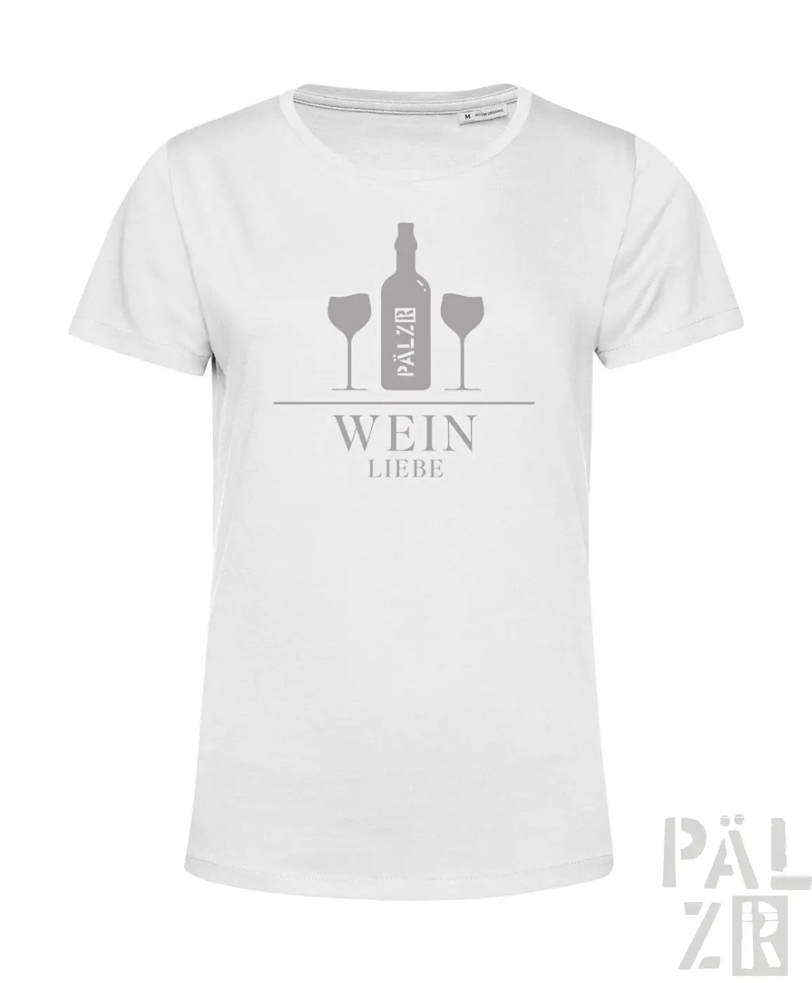 Weißes frauen cotton t-shirt mit grauem weinflaschendesign und text wein liebe in verschiedenen farben