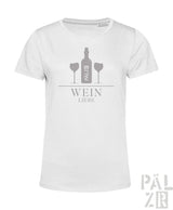 Weißes frauen cotton t-shirt mit grauem weinflaschendesign und text wein liebe in verschiedenen farben