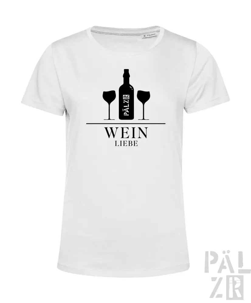 Weißes T-Shirt mit Design von schwarzer Weinflasche und Gläsern, Text ’wein liebe’.
