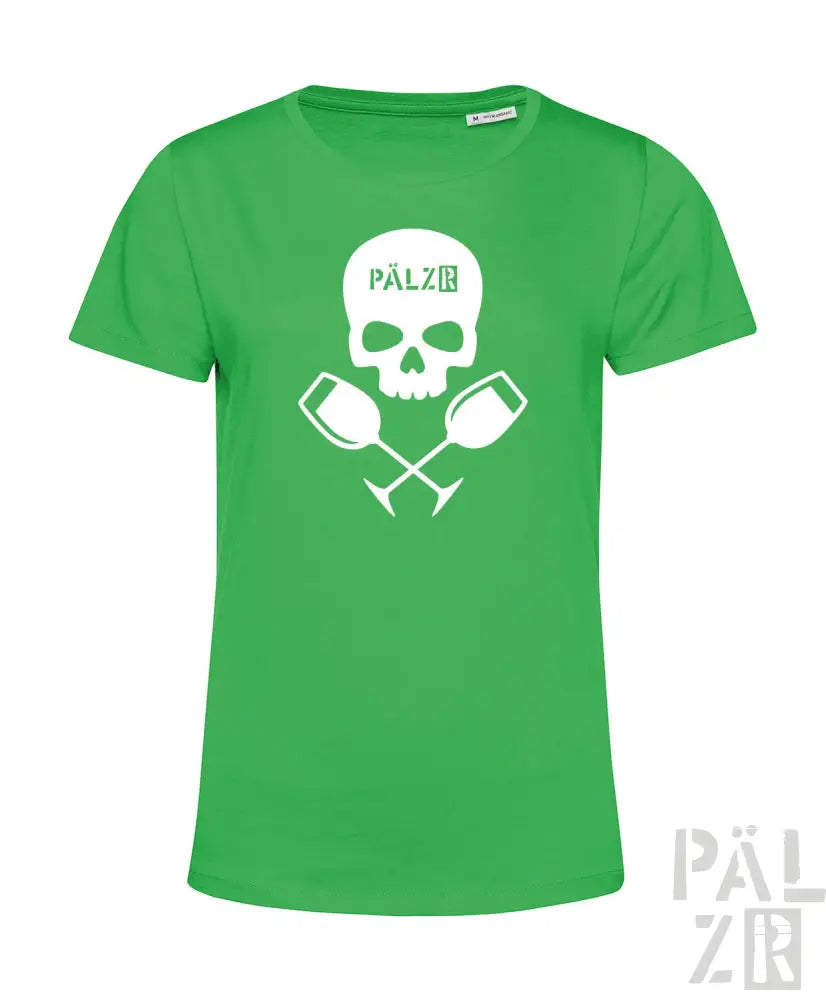Grünes T-Shirt mit Totenkopf- und gekreuzten Schlägel-Design, weißer Text „pälzr“ auf der Vorderseite.