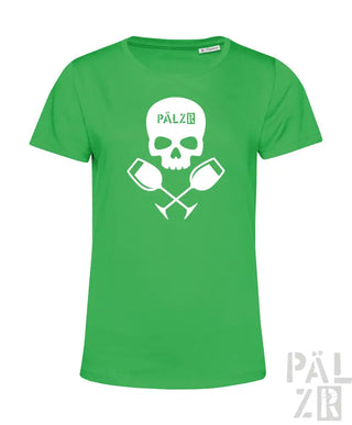 Grünes T-Shirt mit Totenkopf- und gekreuzten Schlägel-Design, weißer Text „pälzr“ auf der Vorderseite.