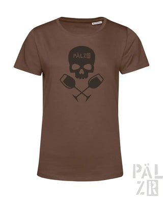 Braunes T-Shirt mit Totenkopf- und gekreuzten Krügen-Design, ’palzer’-Logo in der unteren rechten Ecke.