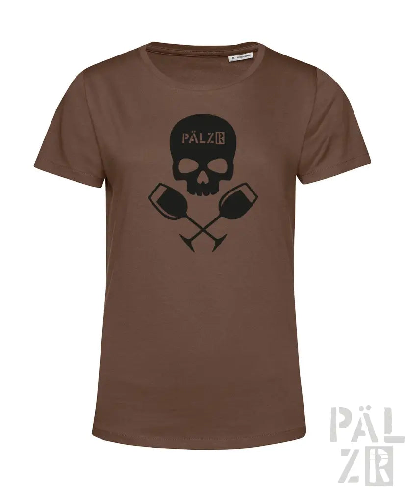 Braunes T-Shirt mit Totenkopf- und Kurzhantel-Design, schwarzer Text ’palz’ auf der Brust.