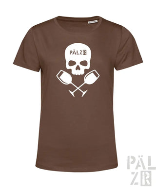 Braunes T-Shirt mit Totenkopf- und gekreuzten Becher-Design, weißer Text „pälzr“ in der unteren rechten Ecke.