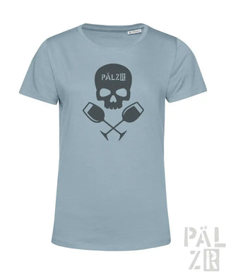 Blaues T-Shirt mit Totenkopf- und Weinglas-Design, schwarzer Text ’palz’ auf der Stirn.