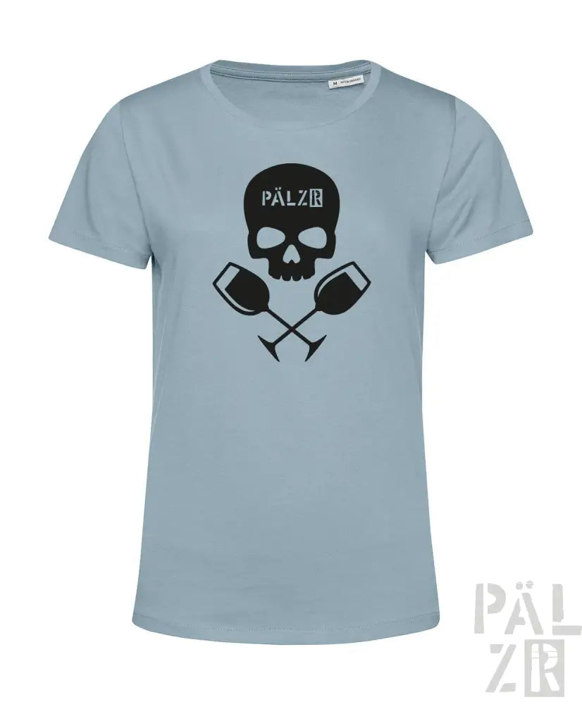 Hellblaues T-Shirt mit Totenkopf- und Weinglas-Design, schwarzer Text ’palz’