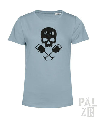 Hellblaues T-Shirt mit Totenkopf- und Weinglas-Design, schwarzer Text ’palz’