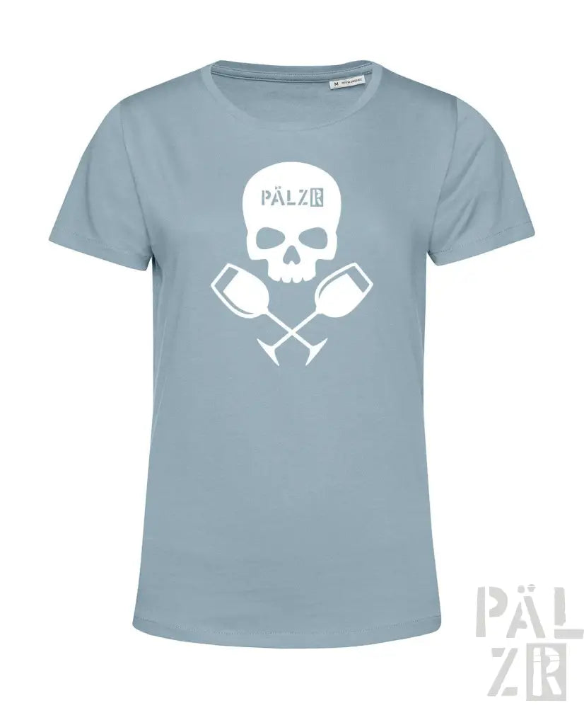 Hellblaues T-Shirt mit Totenkopf- und gekreuzten Schlägel-Design, weißes Material.