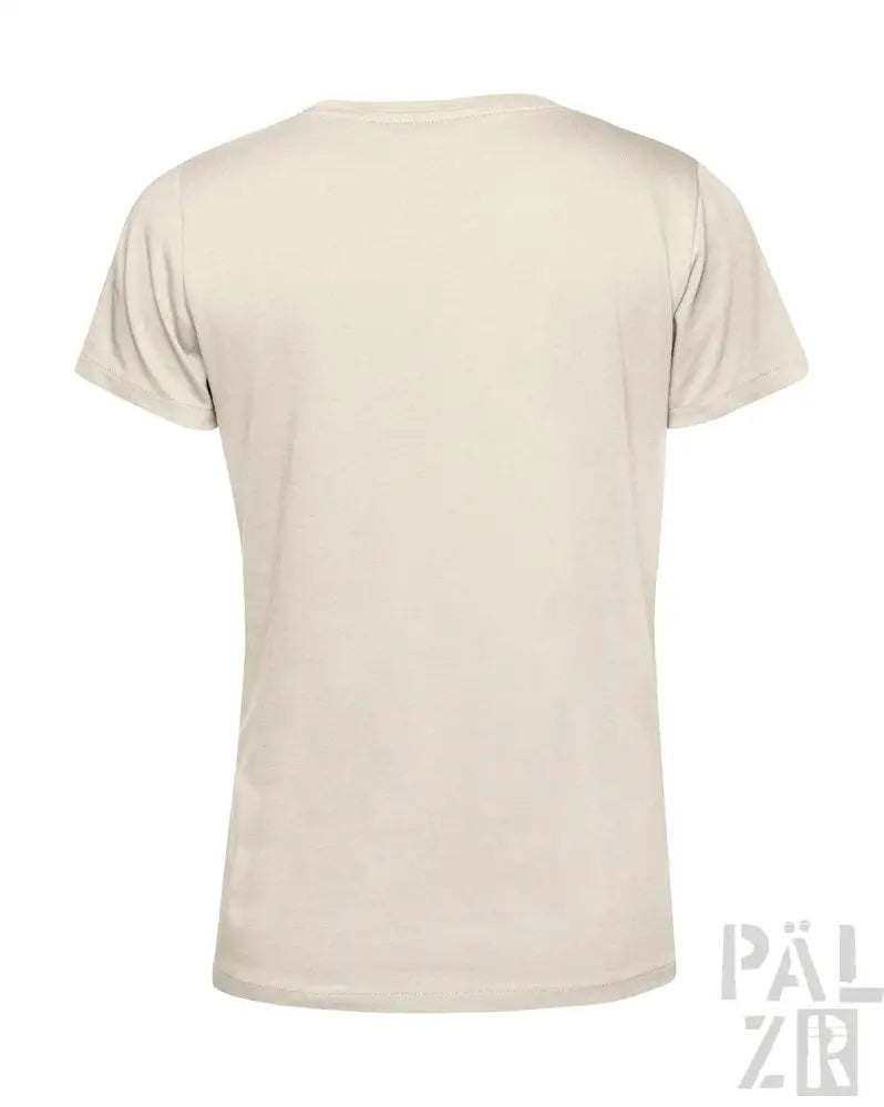 Cremeweißes kurzärmeliges T-Shirt mit V-Ausschnitt und ’pälzr’-Logo auf der Rückseite.