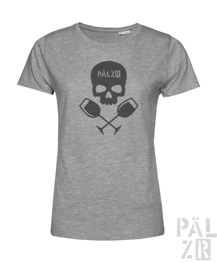 Graues T-Shirt mit Totenkopf- und Weinglas-Design, schwarzer Text ’palz’ auf der Stirn.