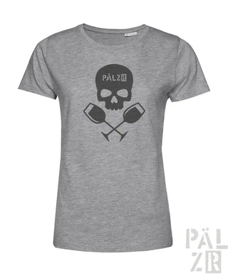 Graues T-Shirt mit Totenkopf- und Weinglas-Design, schwarzer Text ’palz’ auf der Stirn.