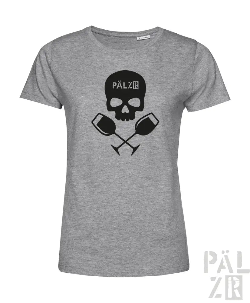Graues T-Shirt mit Totenkopf- und Weinglas-Design, schwarzer Text ’palz’ auf der Stirn.
