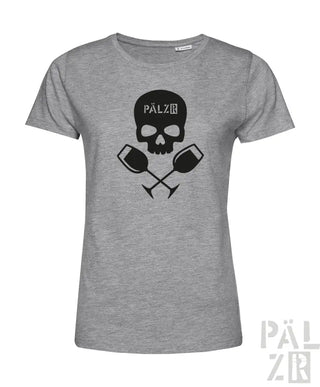 Graues T-Shirt mit Totenkopf- und Weinglas-Design, schwarzer Text ’palz’ auf der Stirn.