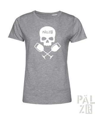 Graues T-Shirt mit Totenkopf- und gekreuzten Weingläser-Design, ’pälzr’-Logo auf Vorderseite und unterem Saum.