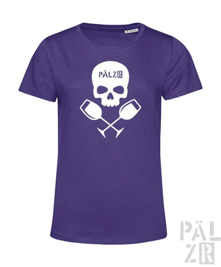 Lila T-Shirt mit Totenkopf- und Weinglas-Design, weißer Text „pälz“ auf der Vorderseite.