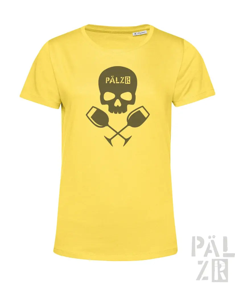 Gelbes T-Shirt mit Totenkopf- und Weinglas-Design, schwarzer Text ’palzb’ auf der Vorderseite.