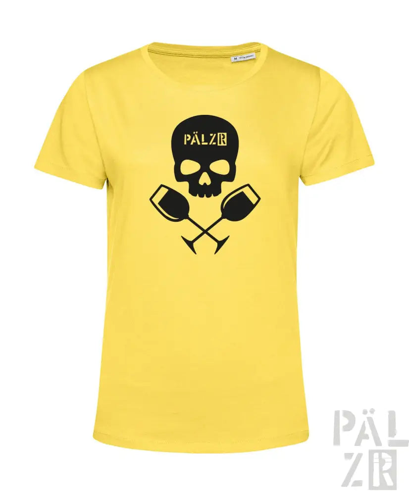 Gelbes T-Shirt mit Totenkopf- und Weinglas-Design, schwarzer Text ’palz’ auf der Vorderseite.