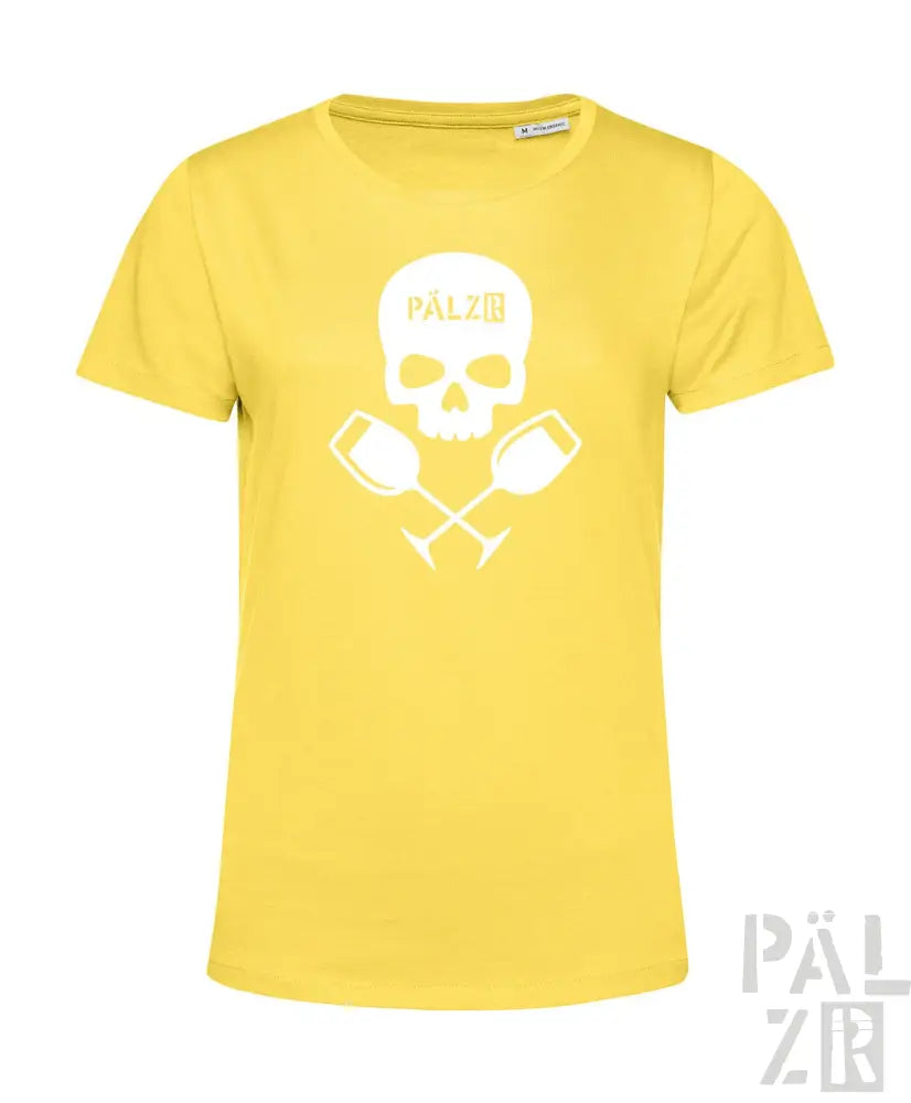 Gelbes T-Shirt mit Totenkopf- und gekreuzten Schlägeln-Design, weißer Text ’pälzr’ auf der Vorderseite.