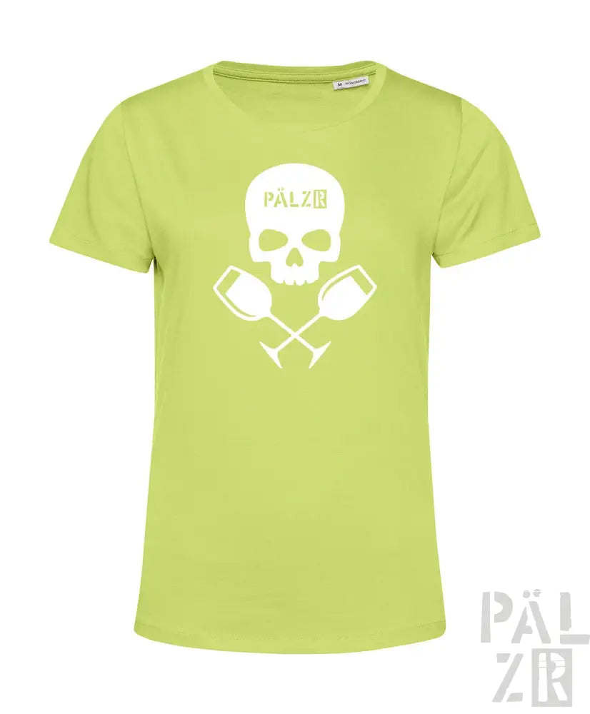 Limetgrünes T-Shirt mit Totenkopf- und Weinglas-Design, ’pälzer’-Logo.