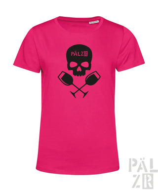 Pink T-Shirt mit Totenkopf- und gekreuzten Streitkolben-Design, schwarzer Text ’palz’ auf der Brust.