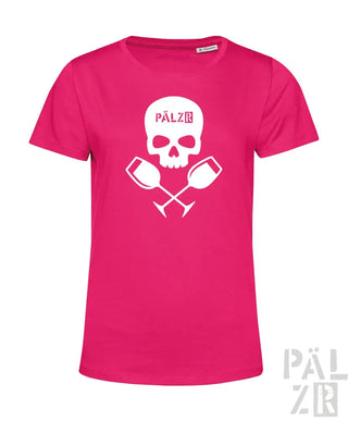Rosa T-Shirt mit Totenkopf- und gekreuzten Becher-Design, weißer Text „pälzir“ auf der Vorderseite.