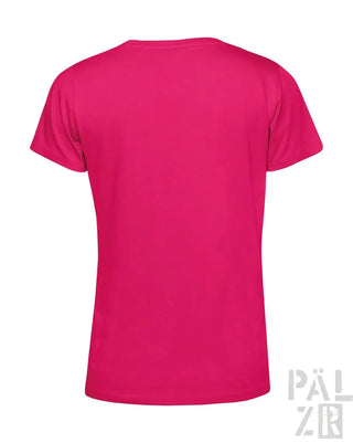 Fuchsia-farbiges kurzärmeliges T-Shirt mit V-Ausschnitt und geripptem Saum, aus Baumwolle.
