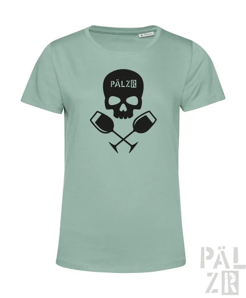 Mintgrünes T-Shirt mit Totenkopf- und Weinglas-Design, schwarzer Text ’palz’
