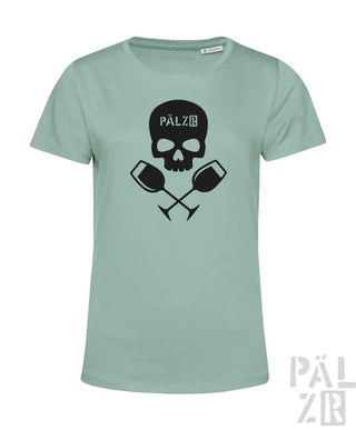Mintgrünes T-Shirt mit Totenkopf- und Weinglas-Design, schwarzer Text ’palz’