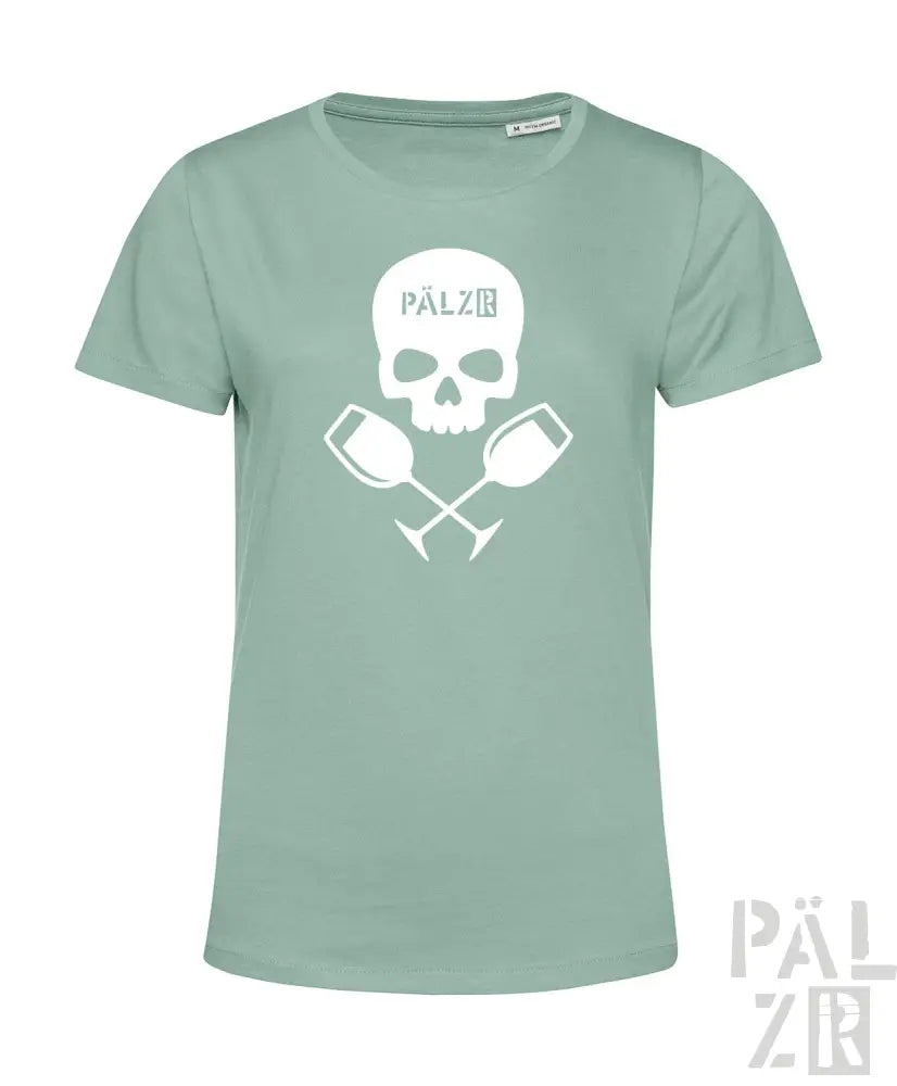 Minzgrünes T-Shirt mit Totenkopf- und gekreuzten Weingläser-Design, weißer Text ’palz’ auf der Brust.