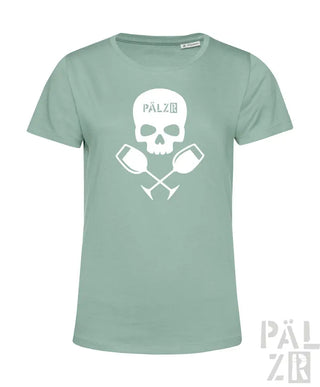 Minzgrünes T-Shirt mit Totenkopf- und gekreuzten Weingläser-Design, weißer Text ’palz’ auf der Brust.