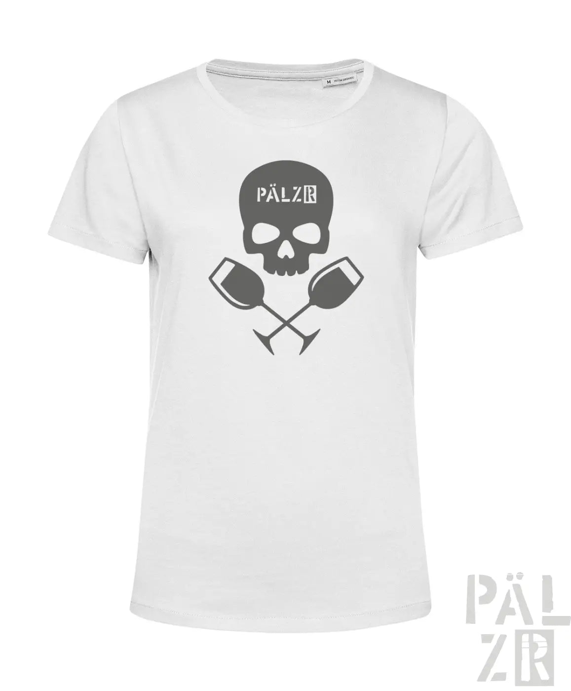 Weißes frauen t-shirt weinpirat mit grauem schädel und gekreuzten weingläsern samt pälz schriftzug