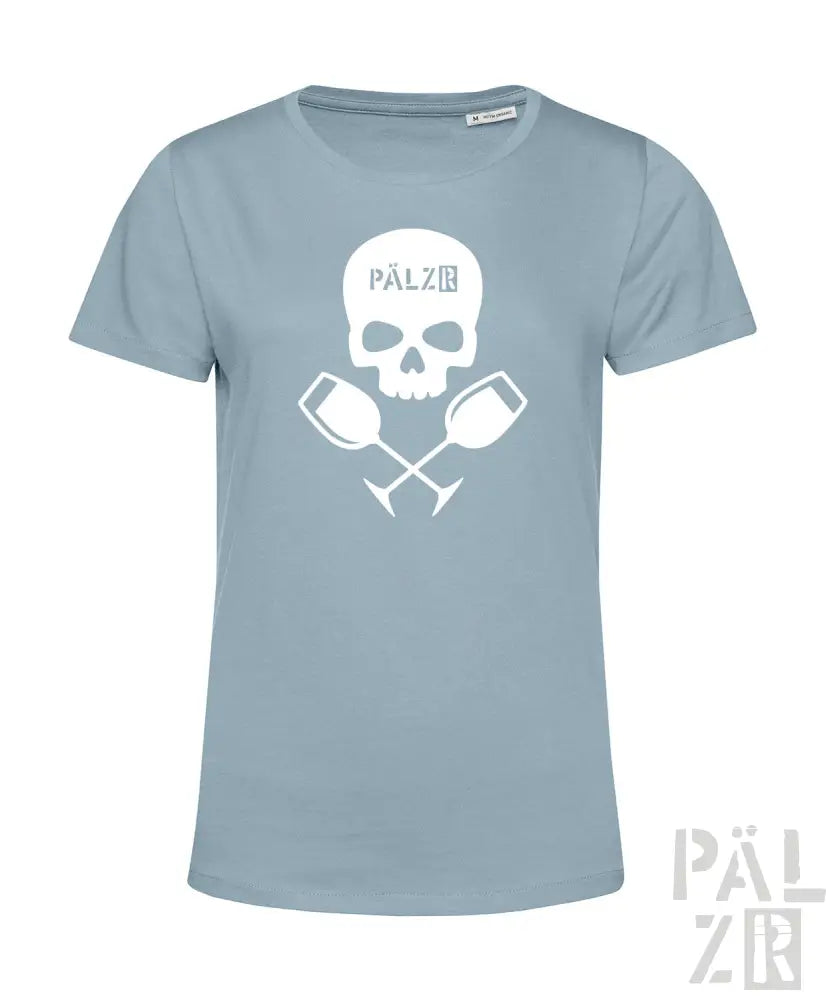 Lichtblaues frauen t-shirt mit weißem schädel, gekreuzten weingläsern und pälz schriftzug auf der vorderseite