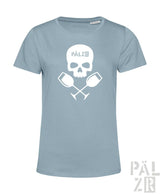 Lichtblaues frauen t-shirt mit weißem schädel, gekreuzten weingläsern und pälz schriftzug auf der vorderseite