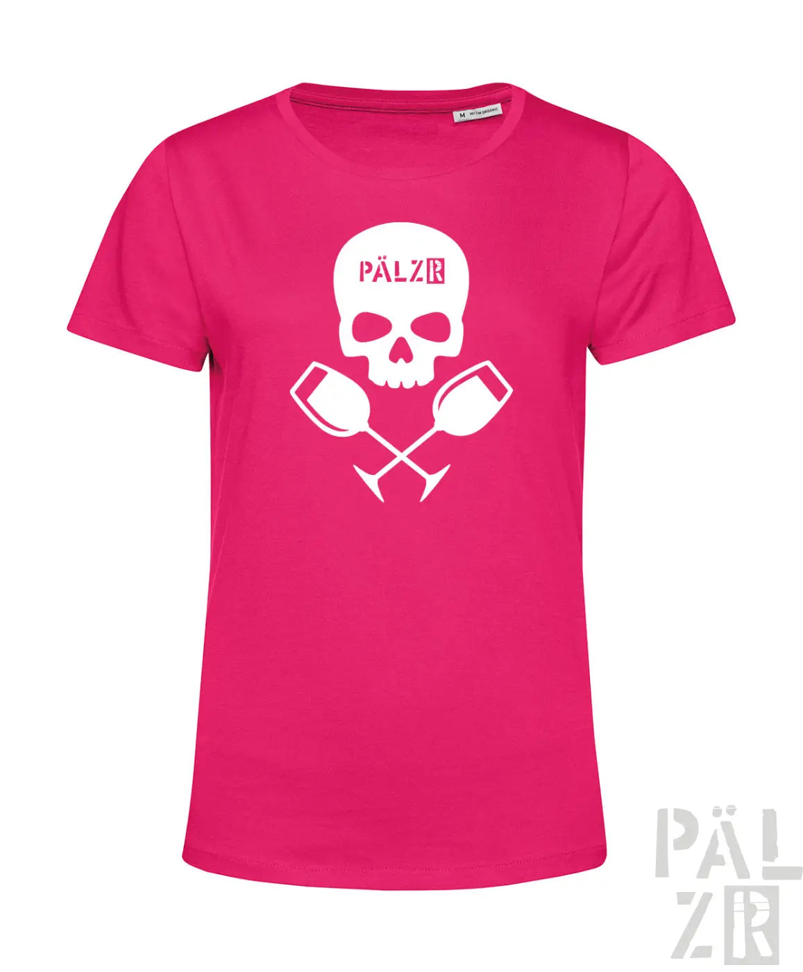 Frauen t-shirt weinpirat in pink mit weißem totenkopf und kreuzenden weingläsern und text pälz