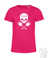 Frauen t-shirt weinpirat in pink mit weißem totenkopf und kreuzenden weingläsern und text pälz