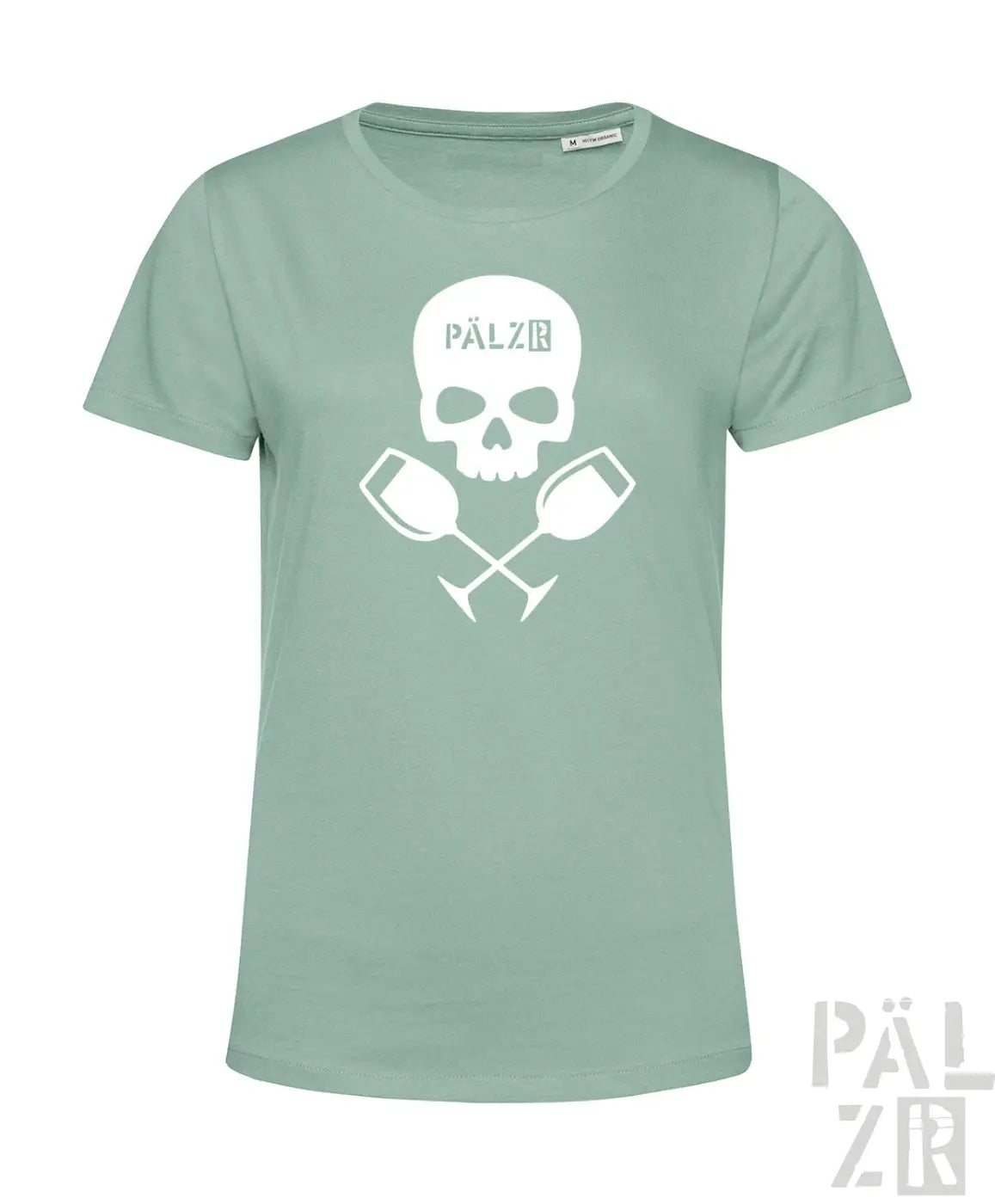 Mintgrünes frauen t-shirt mit weißem schädel und gekreuzten weingläsern grafik und pälz text im weinpirat look
