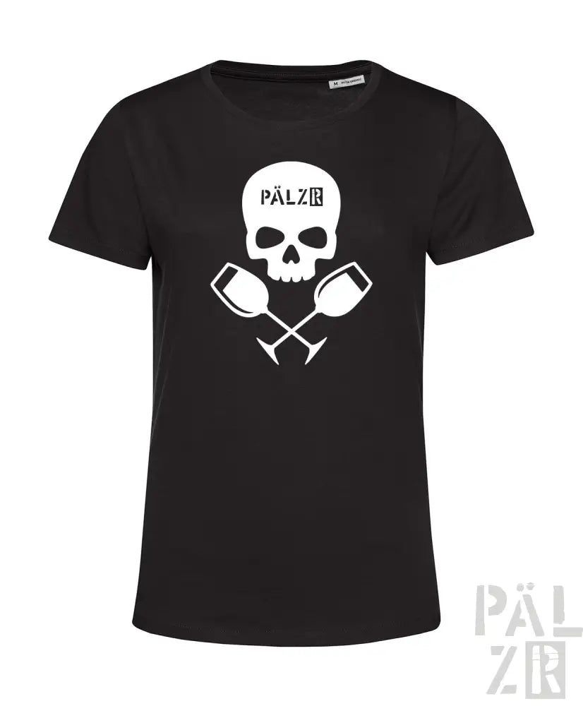 Schwarzes frauen t-shirt mit weißem schädel und gekreuzten weingläsern sowie pälz text weinpirat design