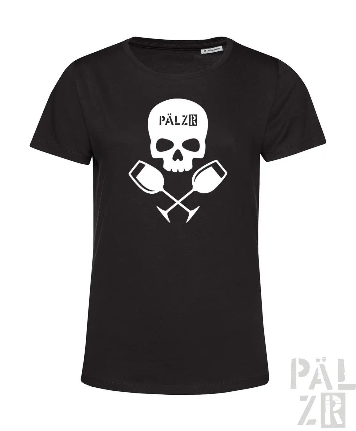 Schwarzes frauen t-shirt mit weißem schädel und gekreuzten weingläsern sowie pälz text weinpirat design