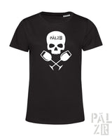 Schwarzes frauen t-shirt mit weißem schädel und gekreuzten weingläsern sowie pälz text weinpirat design