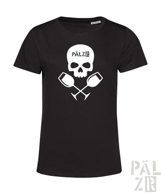 Schwarzes frauen t-shirt mit weißem schädel und gekreuzten weingläsern sowie pälz text weinpirat design