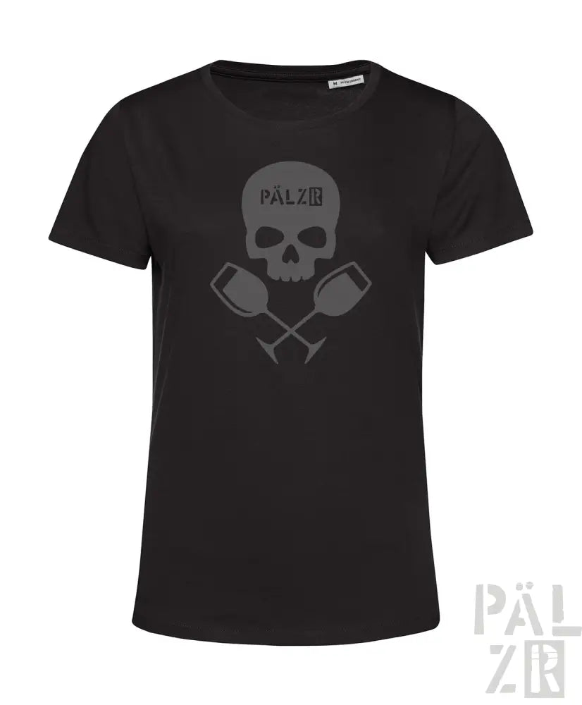 Schwarzes frauen t-shirt mit kurzen ärmeln, grauem schädel und gekreuzten weingläsern, pälzb logo oben