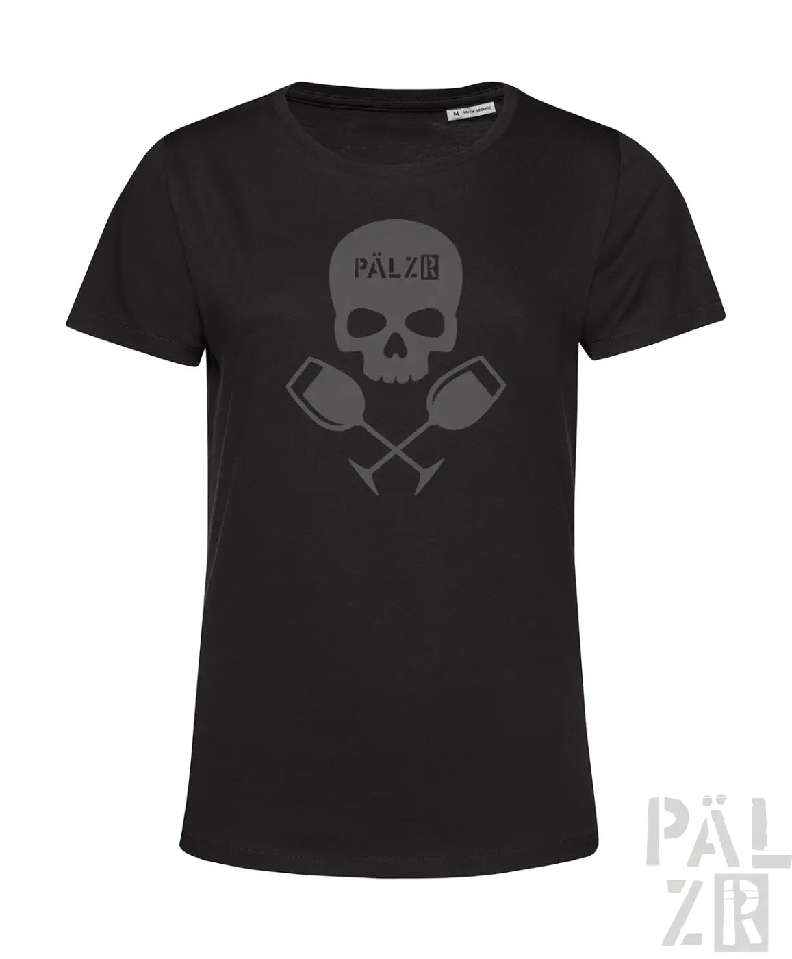 Schwarzes frauen t-shirt mit kurzen ärmeln, grauem schädel und gekreuzten weingläsern, pälzb logo oben